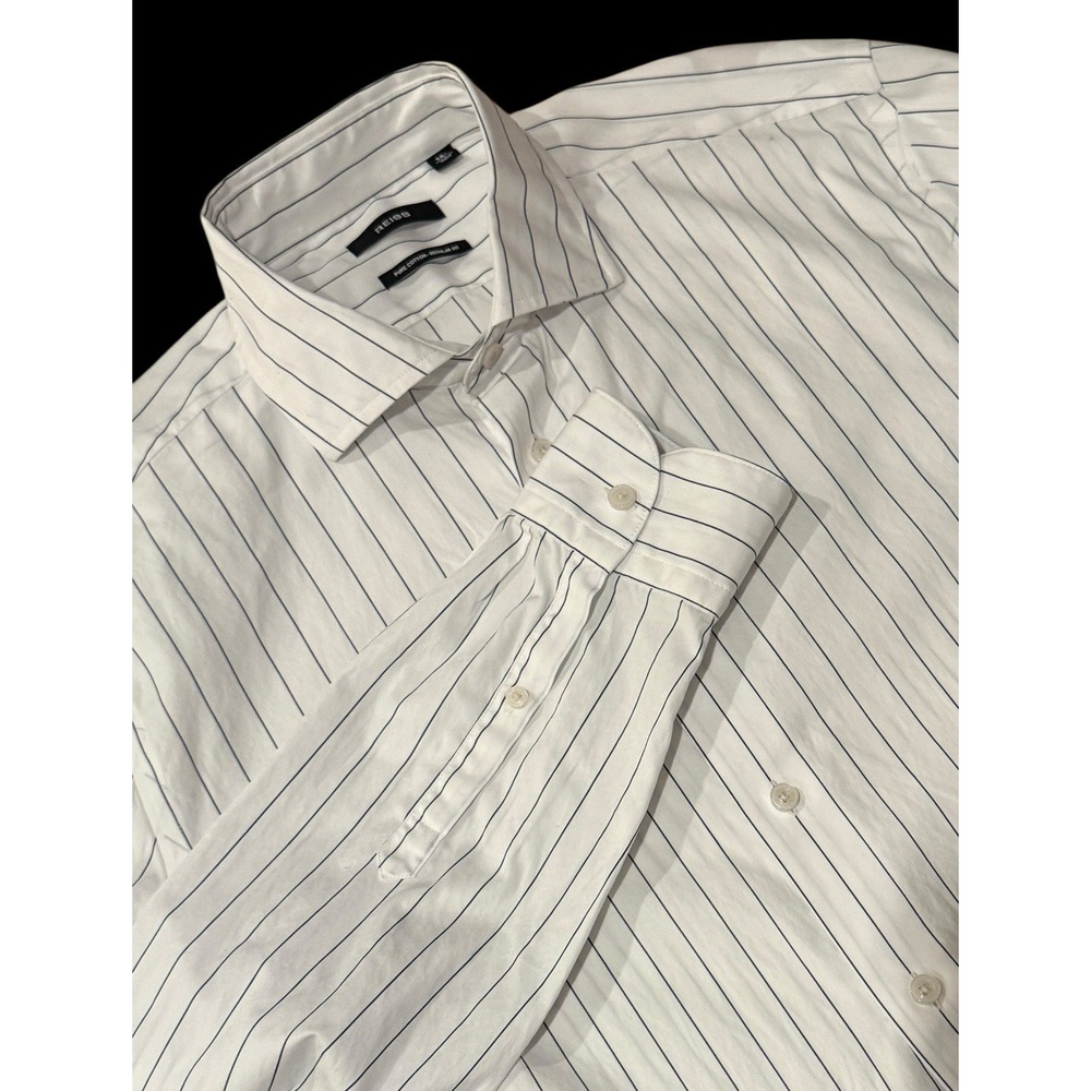 Reiss Men Dress Shirt 16.5 L‎ White Pinstripe Blue Cutaway Collar Quiet Luxury